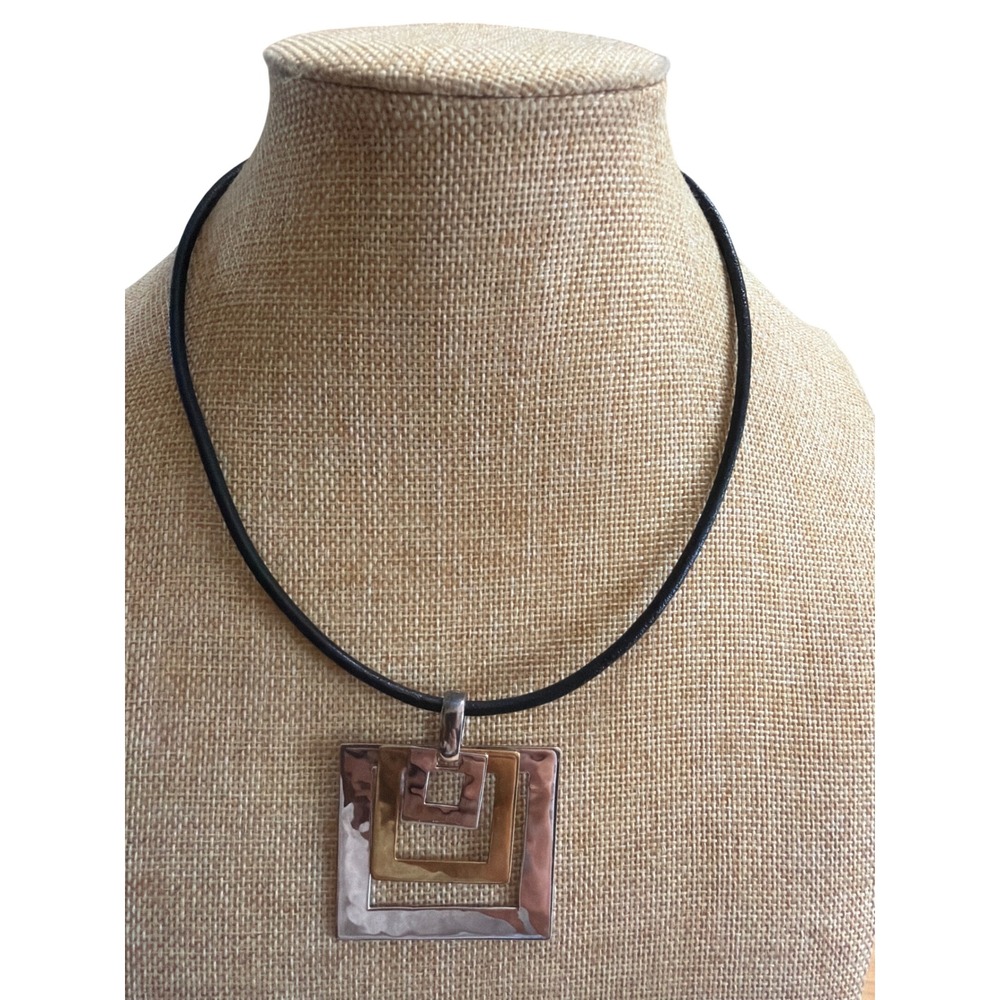 Mixed Metal Hammered Geometric Square Pendant Black Cord Necklace Layering